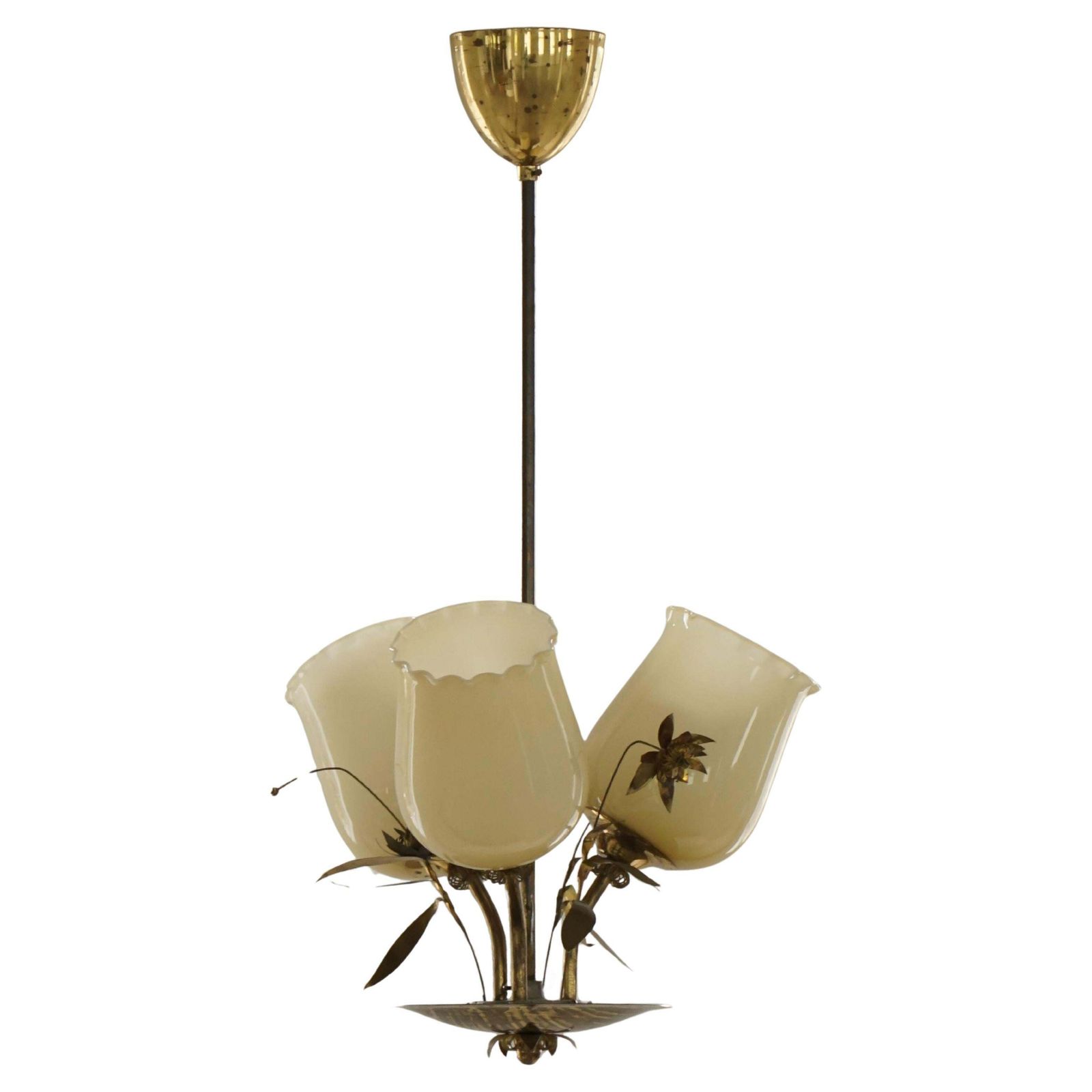 Mid Century Glass & Brass Chandelier, Model 501 3 By Stockmann, Finland, 1940s