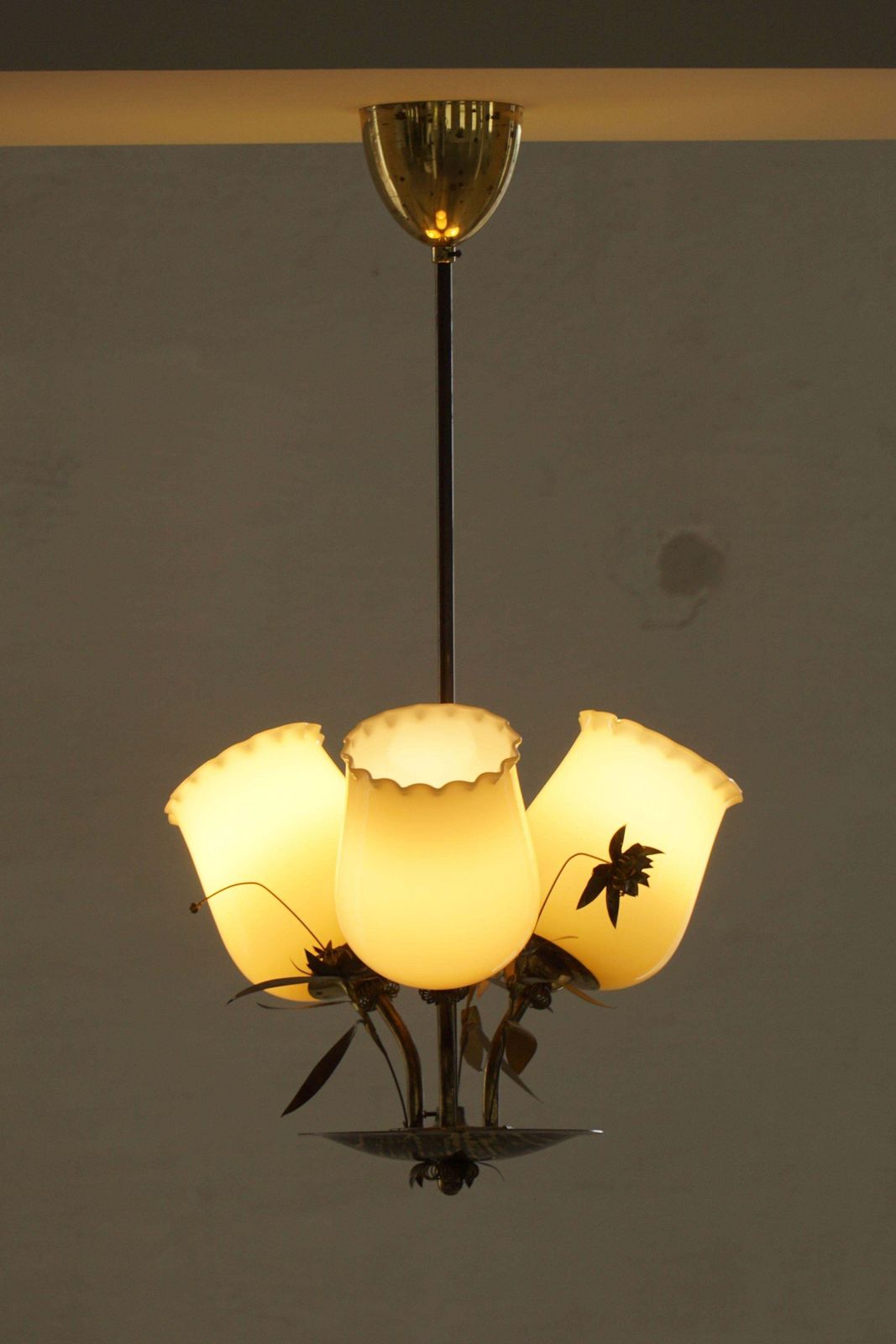 Mid Century Glass & Brass Chandelier, Model 501 3 By Stockmann, Finland, 1940s photo for sale