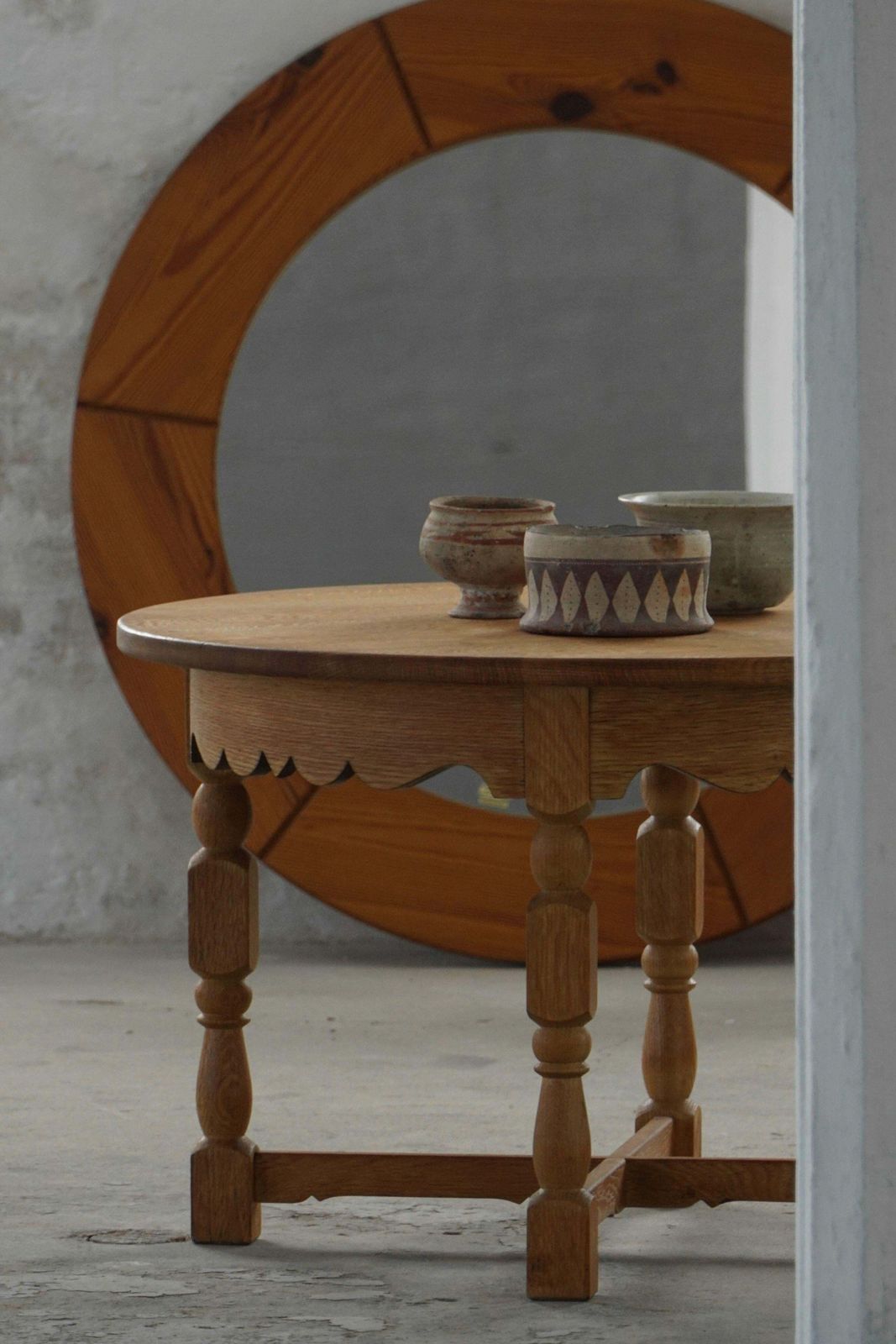 Mid Century Round Danish Side Table In Solid Oak, Henning Kjærnulf, 1960s photo for sale