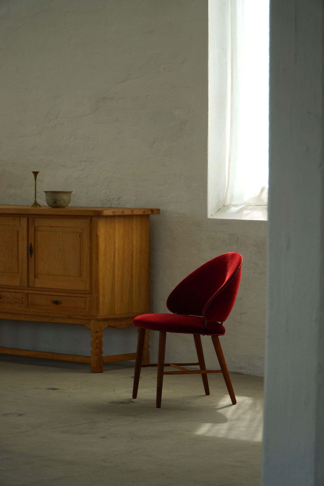 Mid Century Dressing Chair In Oak & Red Velvet, By A Danish Cabinetmaker, 1950s photo for sale