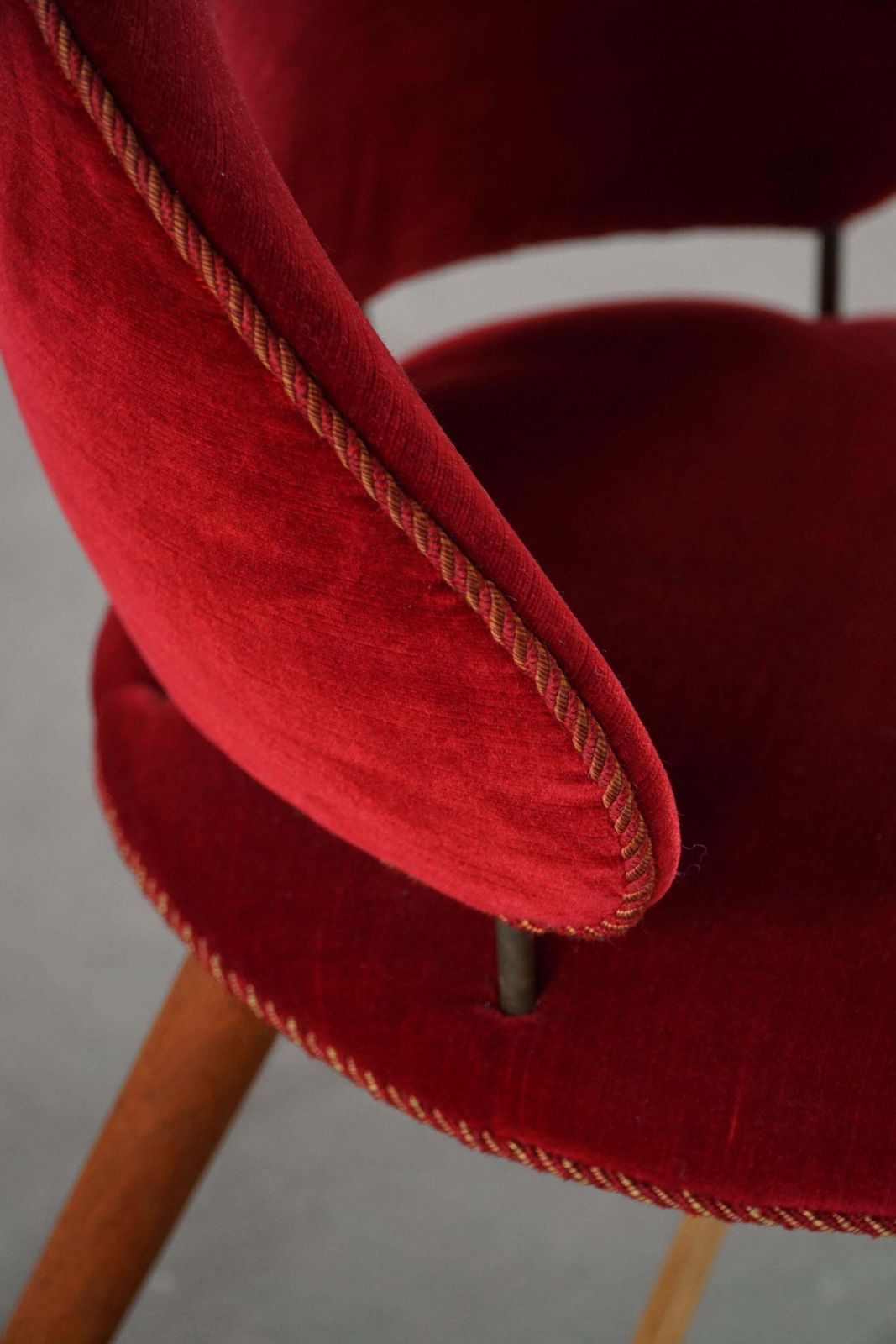 Mid Century Dressing Chair In Oak & Red Velvet, By A Danish Cabinetmaker, 1950s photo vinterior