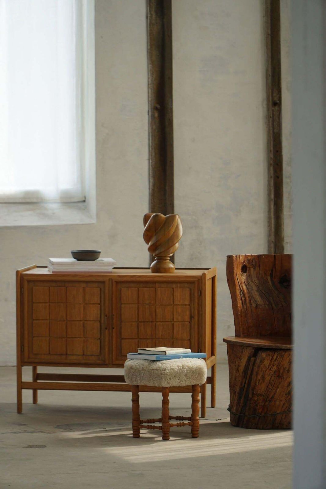 Furniture Hand Carved Stump Chair In Pine With Storage, Swedish Modern, Wabi Sabi, 1900s photo