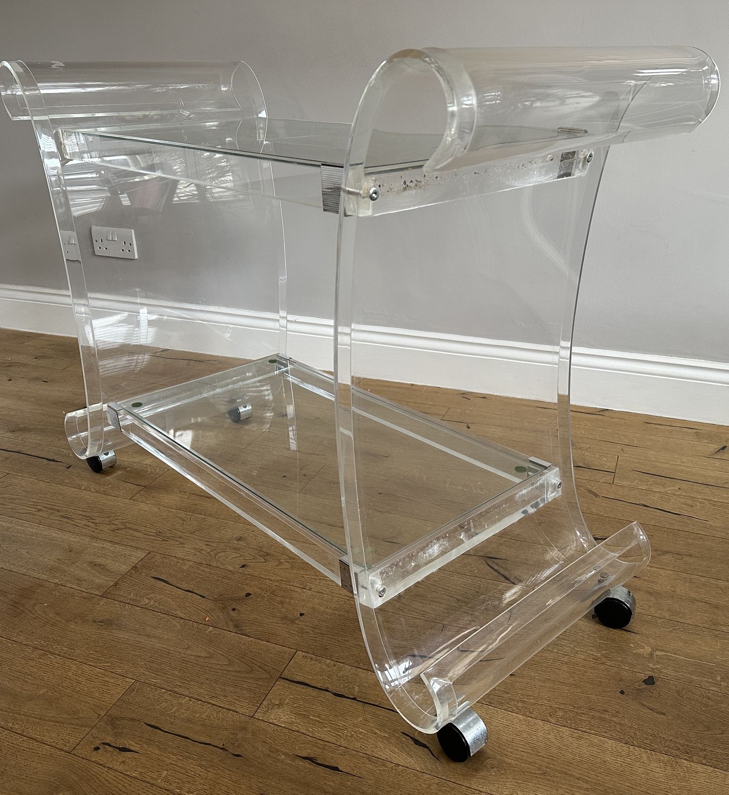 Charles Hollis Jones Lucite Glass Bar Cart Sleigh Drinks Trolley On Wheels photo for sale