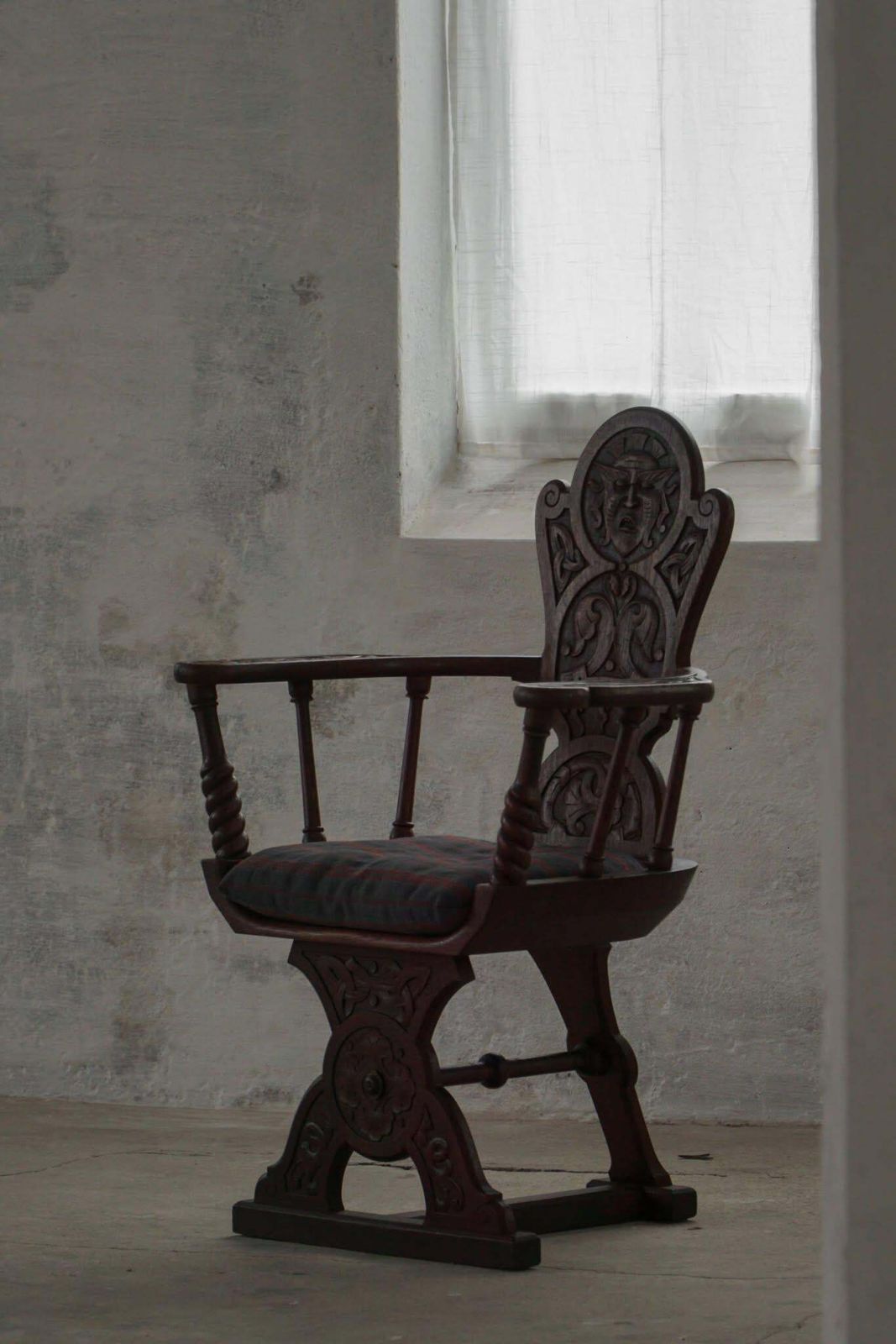 Furniture Scandinavian Armchair In Solid Oak With A Cushion, Folk Art, Early 19th Century photo
