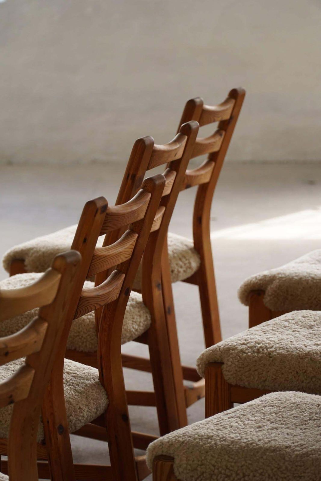 Set Of 12 Brutalist Chairs In Pine & Shearling Lambswool, Danish Modern, 1970s photo buy