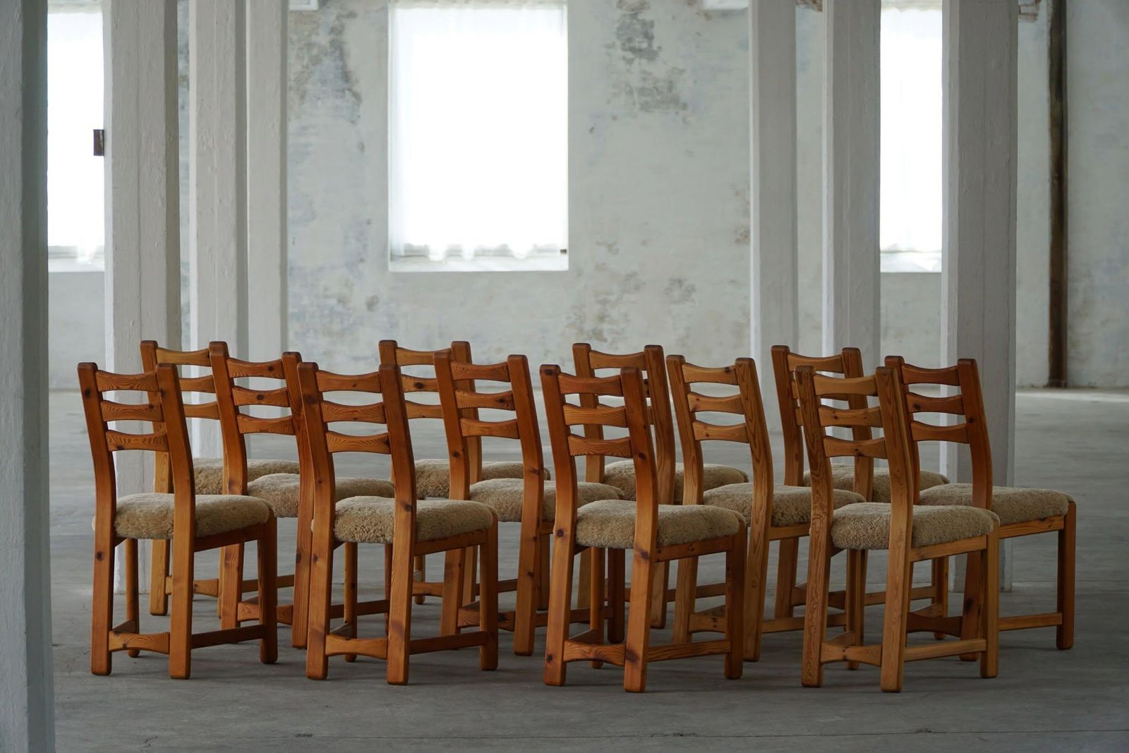 Set Of 12 Brutalist Chairs In Pine & Shearling Lambswool, Danish Modern, 1970s photo vintage