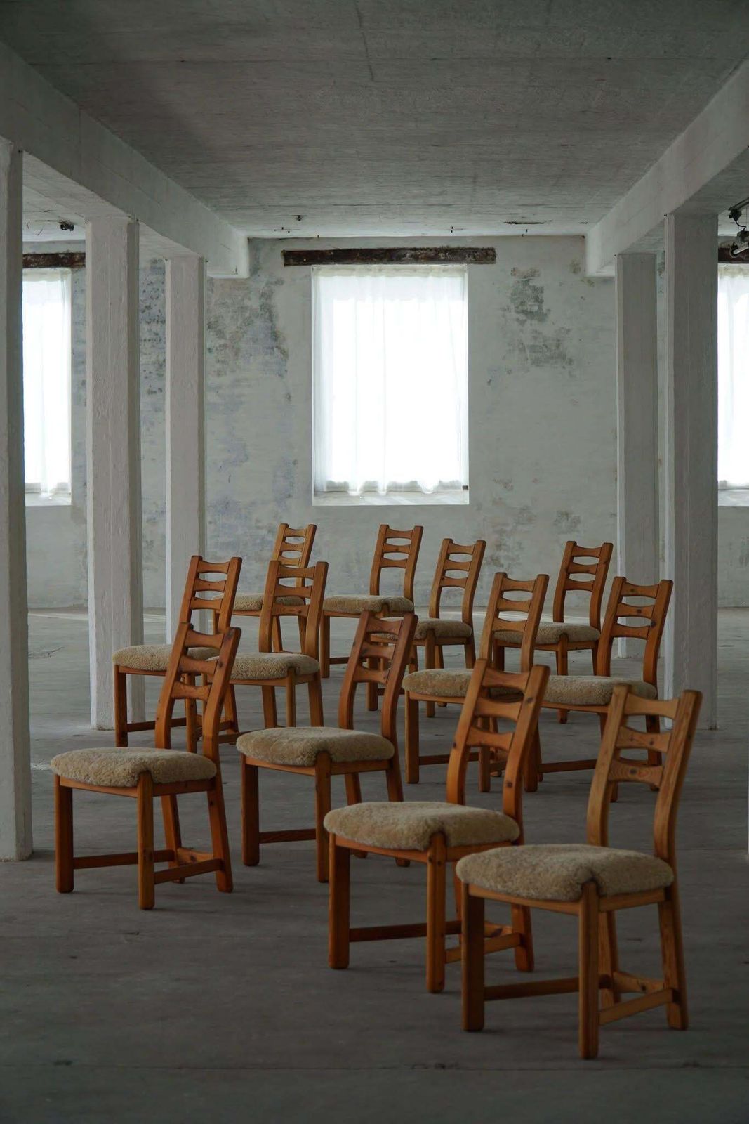 photo for sale Set Of 12 Brutalist Chairs In Pine & Shearling Lambswool, Danish Modern, 1970s