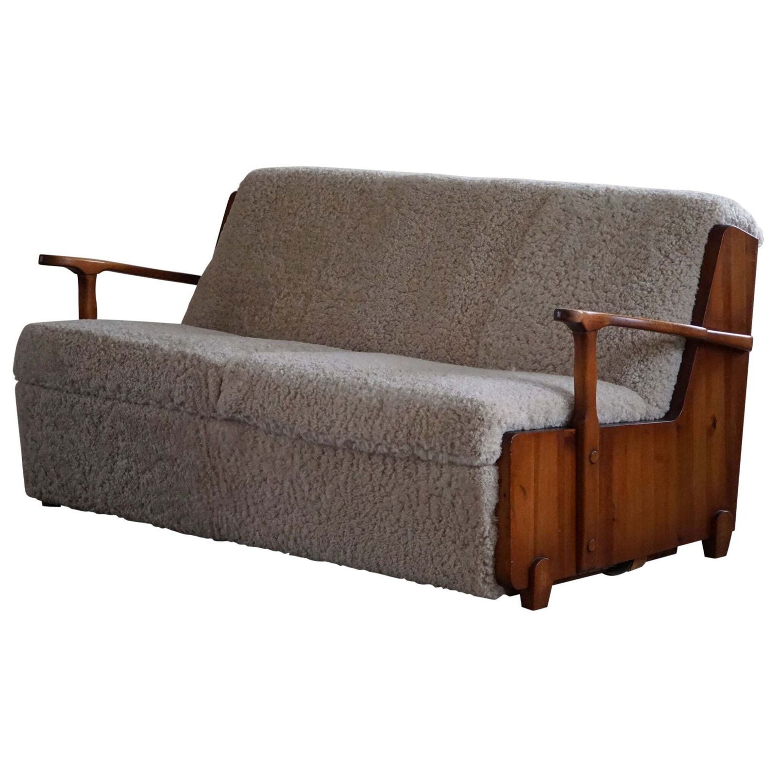 Swedish Modern, Freestanding Two Seater Sofa / Bed In Pine & Lambswool, 1950s