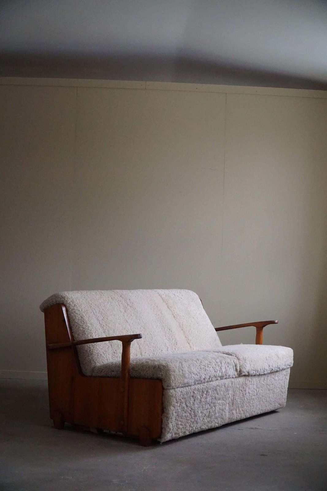 Furniture Swedish Modern, Freestanding Two Seater Sofa / Bed In Pine & Lambswool, 1950s photo