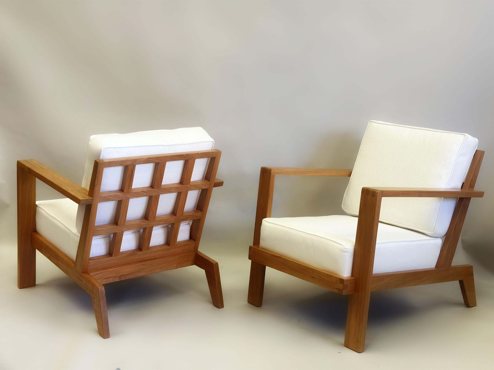 Pair French Mid Century Modern Grid Back Cherry Lounge / Armchairs, Rene Gabriel photo furniture