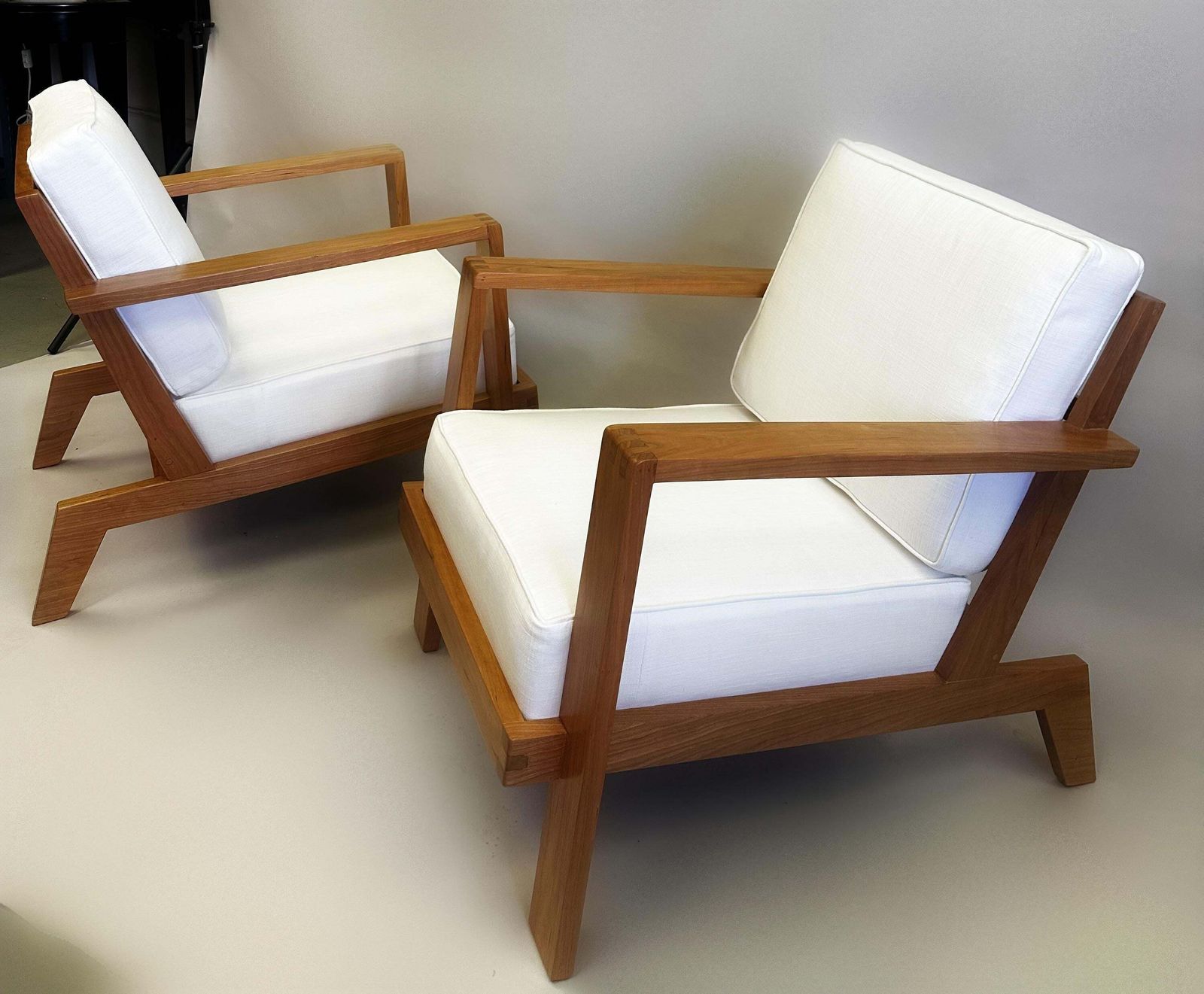 Pair French Mid Century Modern Grid Back Cherry Lounge / Armchairs, Rene Gabriel photo for sale