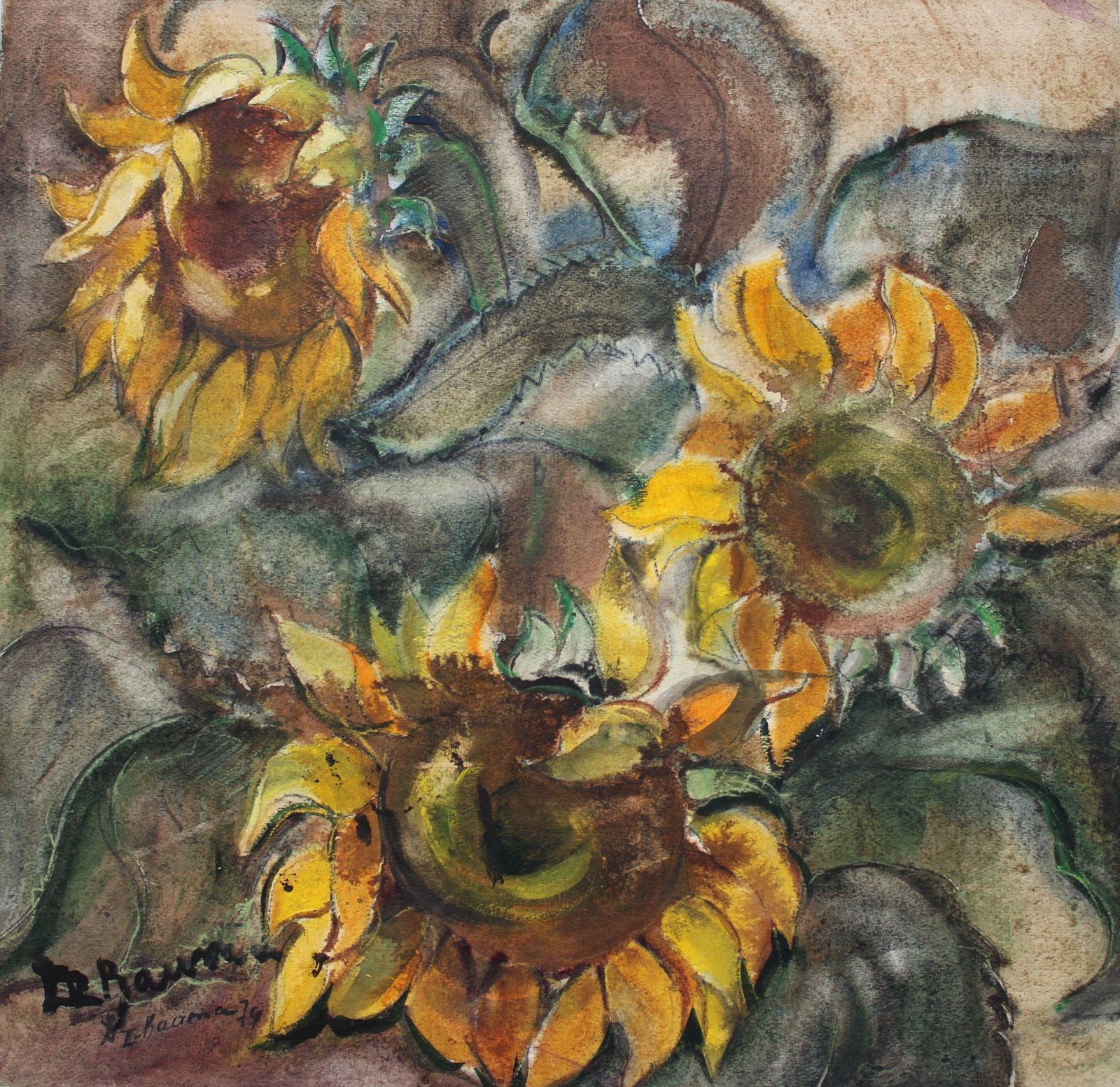 Dzidra Baumasunflowers  1974. Paper, Watercolor, 56x54 Cm1974