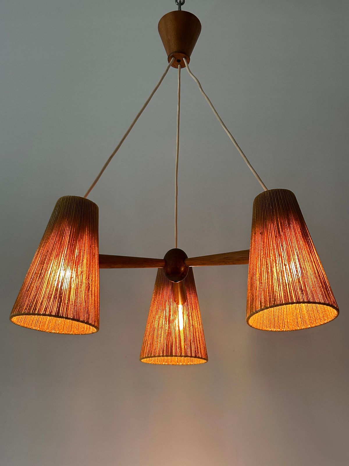 Mid Century Sisal & Teak Pendant Lamp Or Chandelier By Temde Switzerland 1960s photo buy