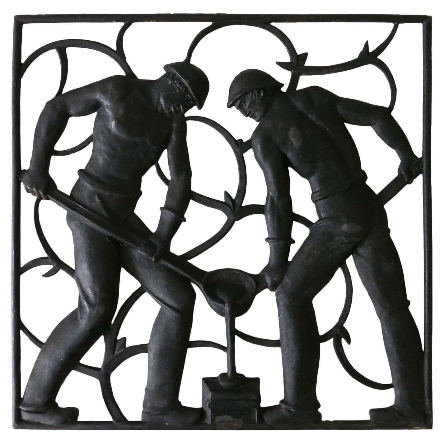Cast Iron Art Deco Wall Relief „Unsere Arbeit“ By Heinrich Moshage 1929 Germany