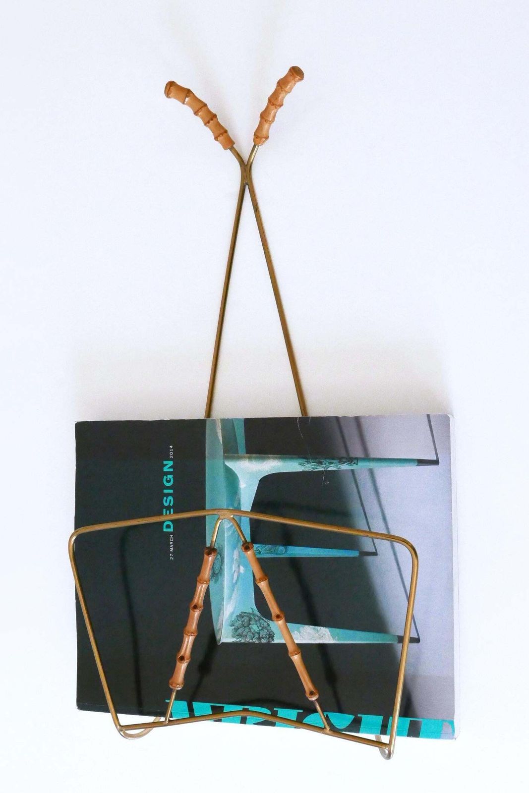 Lovely Mid Century Wall Mounted Brass & Bamboo Magazine Rack Germany 1960s photo vinterior