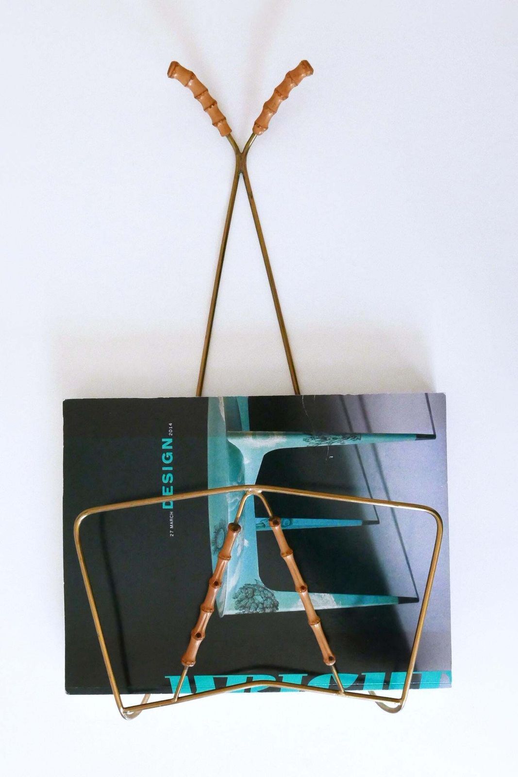 Lovely Mid Century Wall Mounted Brass & Bamboo Magazine Rack Germany 1960s photo vintage