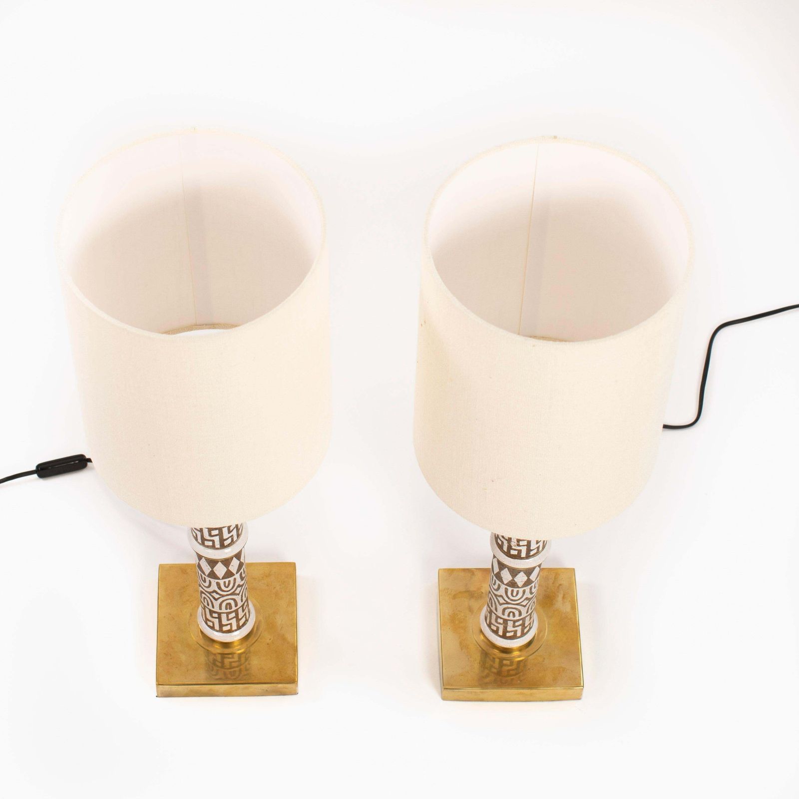 Pair Of Mid Century Italian Ceramic Brass Table Lamps By Banci Firence, 1980s photo for sale