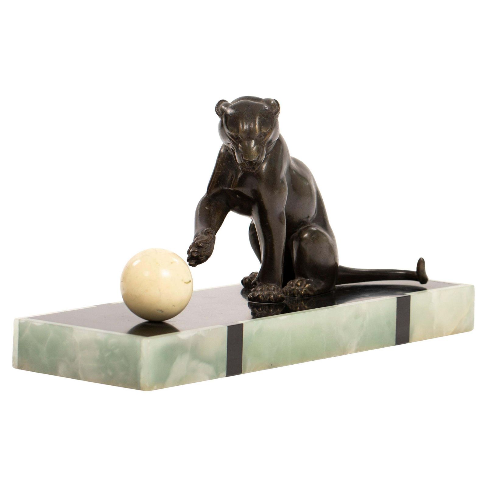 French Art Deco Bronze Panther On Marble Base With Jade Trim, Signed Leduc 1910s