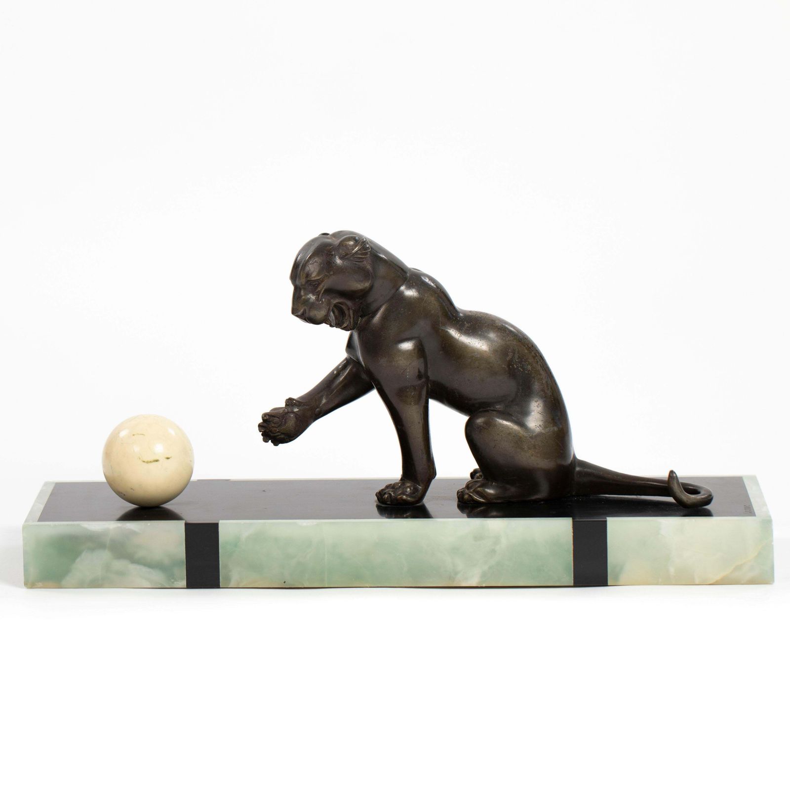 French Art Deco Bronze Panther On Marble Base With Jade Trim, Signed Leduc 1910s photo furniture