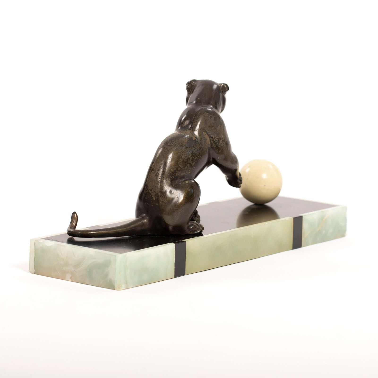 French Art Deco Bronze Panther On Marble Base With Jade Trim, Signed Leduc 1910s photo 2513.0