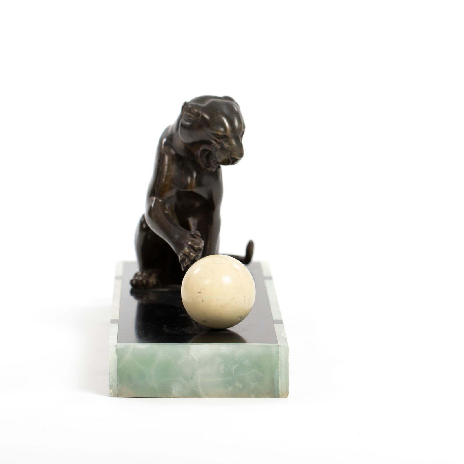 French Art Deco Bronze Panther On Marble Base With Jade Trim, Signed Leduc 1910s photo vintage