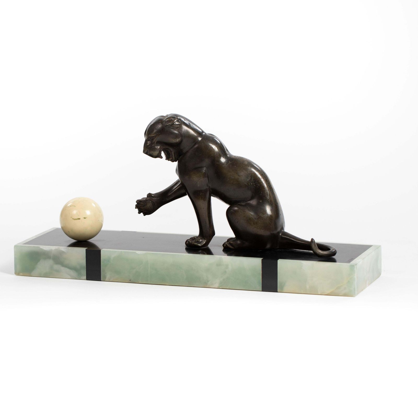 2513.0 French Art Deco Bronze Panther On Marble Base With Jade Trim, Signed Leduc 1910s photo