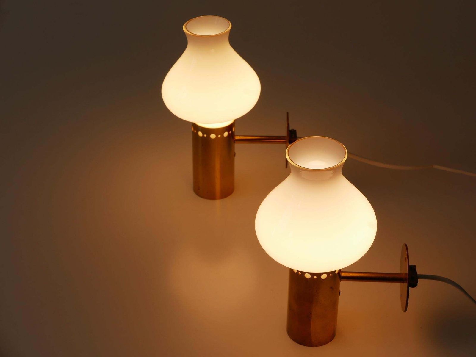 Set Of Two Elegant Mid Century Modern Brass & Glass Sconces Sweden 1950s photo Lighting