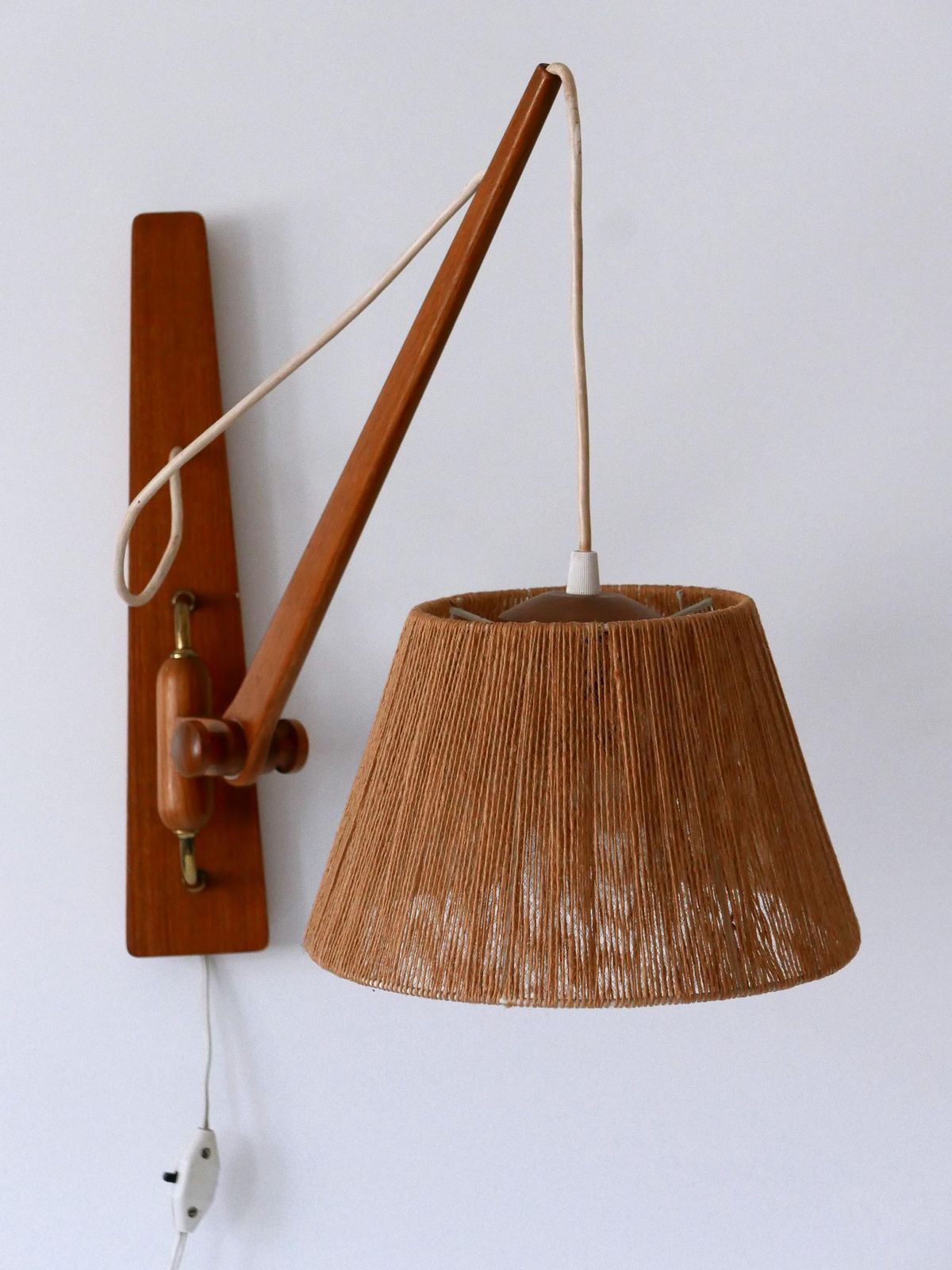 Elegant Mid Century Modern Swing Teak & Sisal Wall Light Denmark 1960s photo for sale