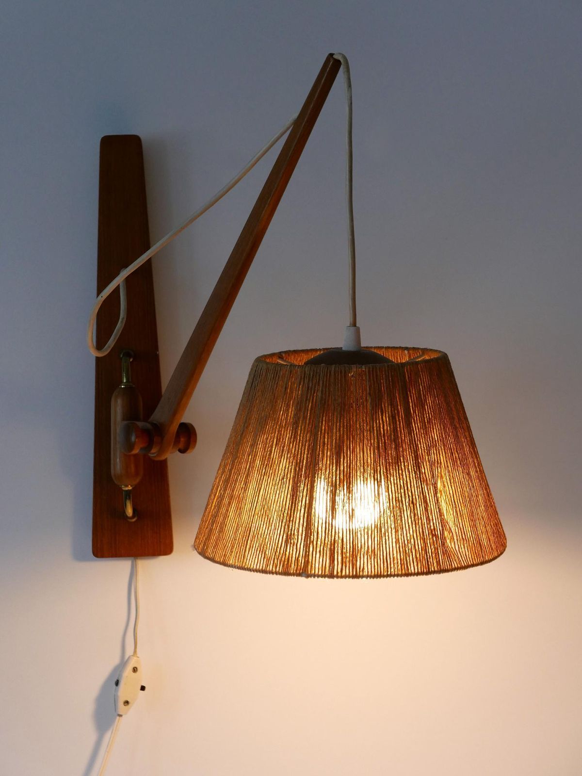 Elegant Mid Century Modern Swing Teak & Sisal Wall Light Denmark 1960s photo Lighting