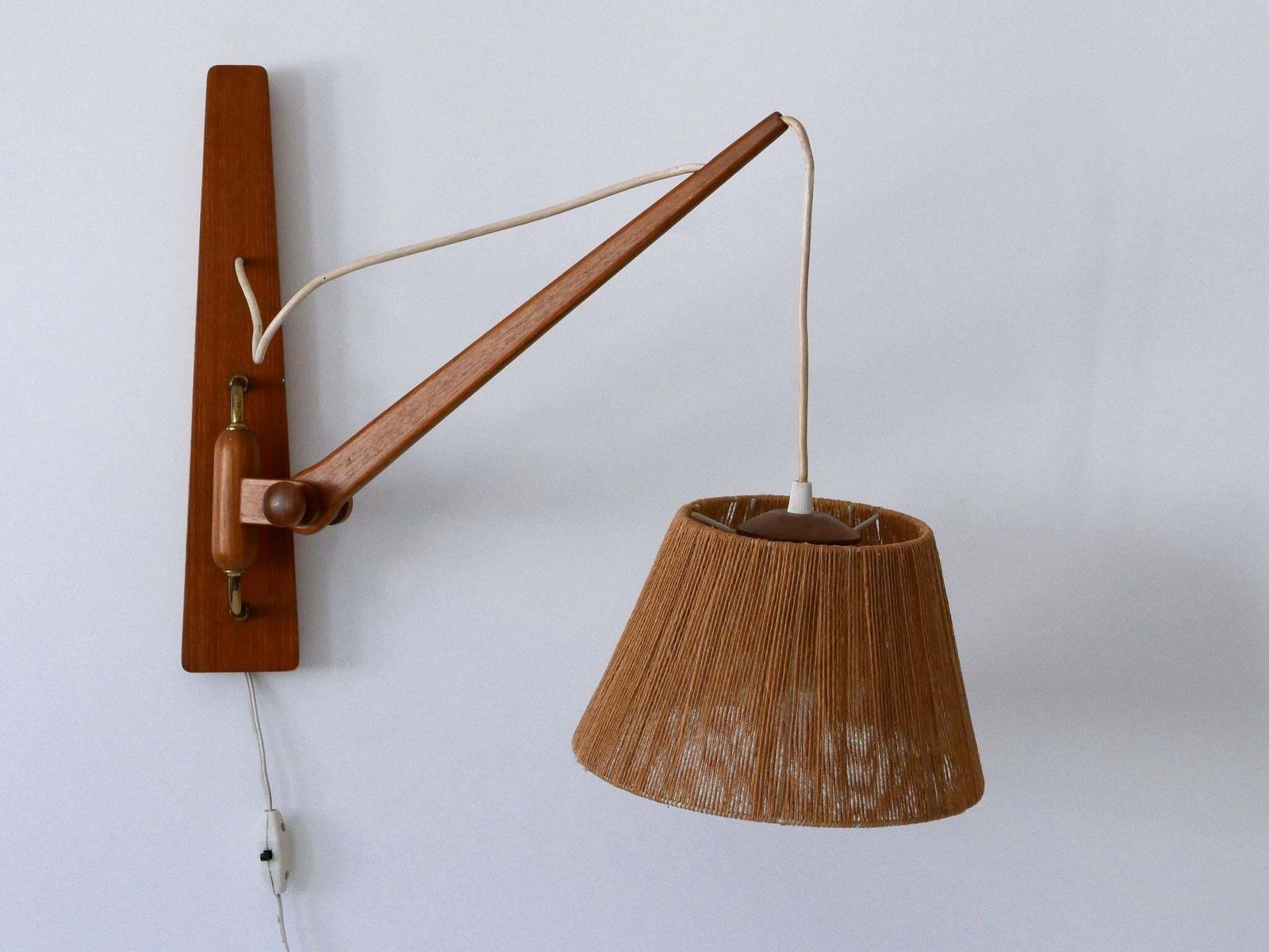 photo furniture Elegant Mid Century Modern Swing Teak & Sisal Wall Light Denmark 1960s
