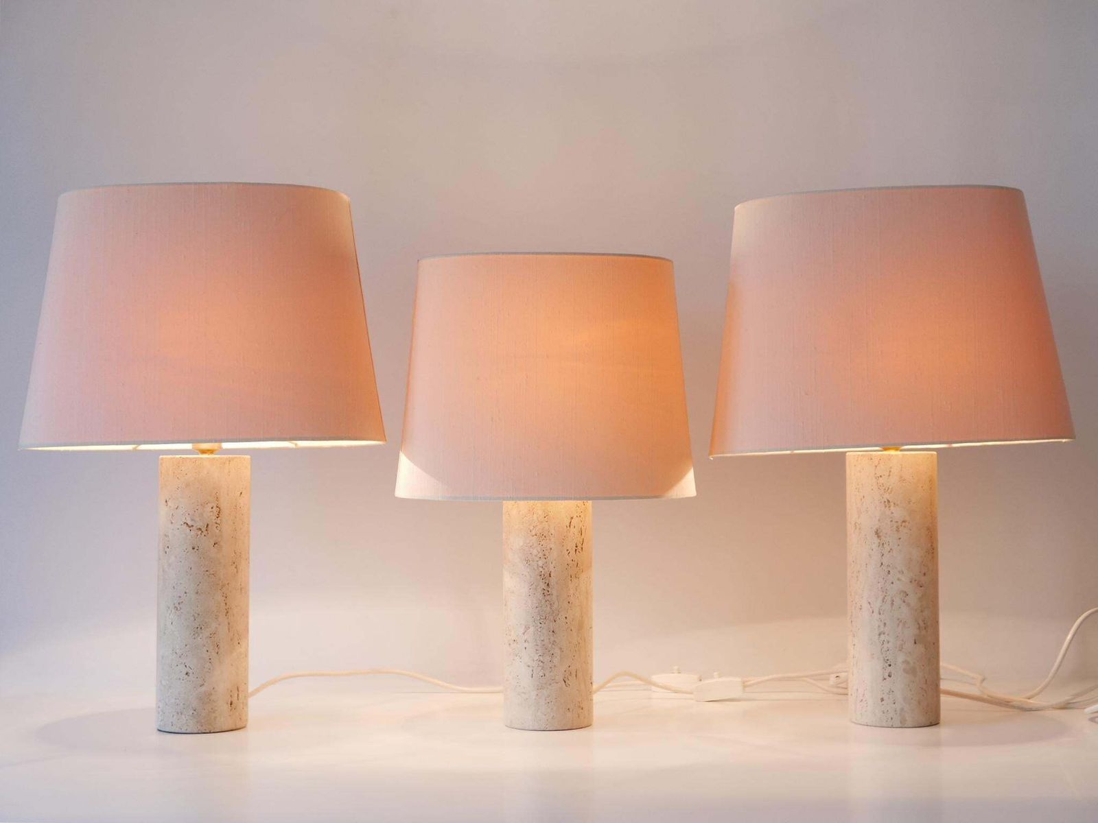 Set Of Three Elegant Mid Century Modern Travertine Table Lamps Italy 1960s photo vintage