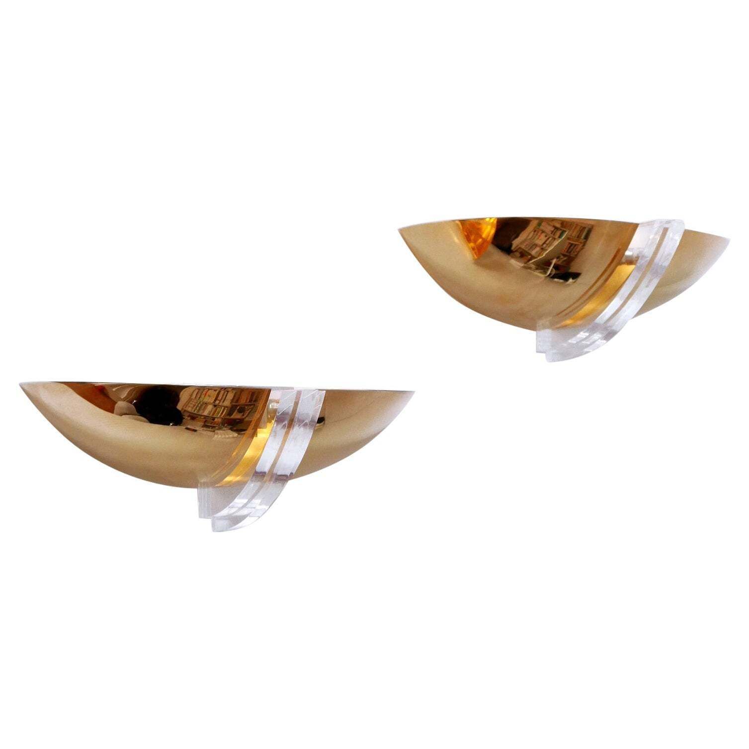 Set Of Two Elegant Gilt Brass & Lucite Sconces Or Wall Lights Germany 1980s