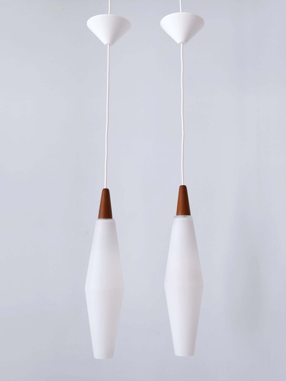 Set Of Two Elegant Scandinavian Opaline Glass & Teak Pendant Lamps 1960s photo for sale