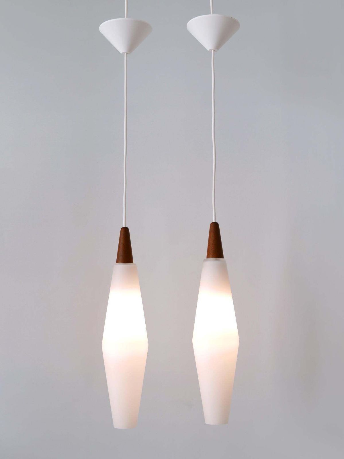 Set Of Two Elegant Scandinavian Opaline Glass & Teak Pendant Lamps 1960s photo Lighting