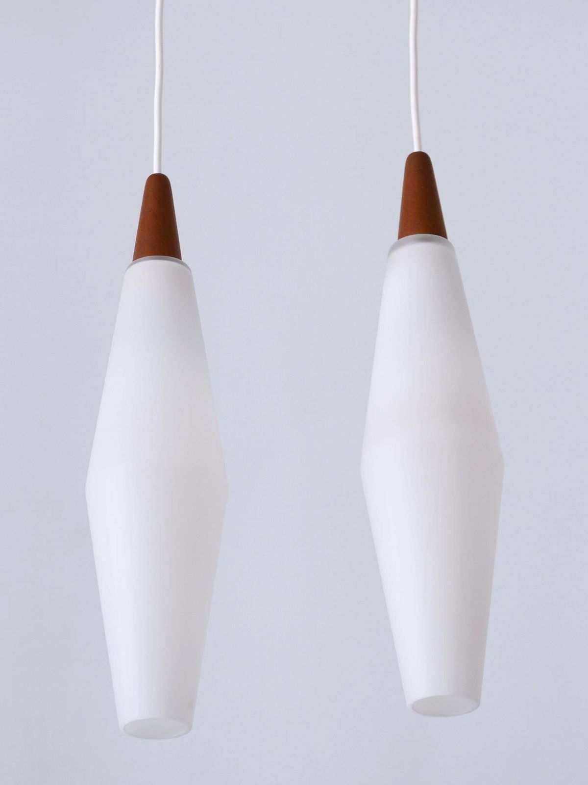 photo vinterior Set Of Two Elegant Scandinavian Opaline Glass & Teak Pendant Lamps 1960s