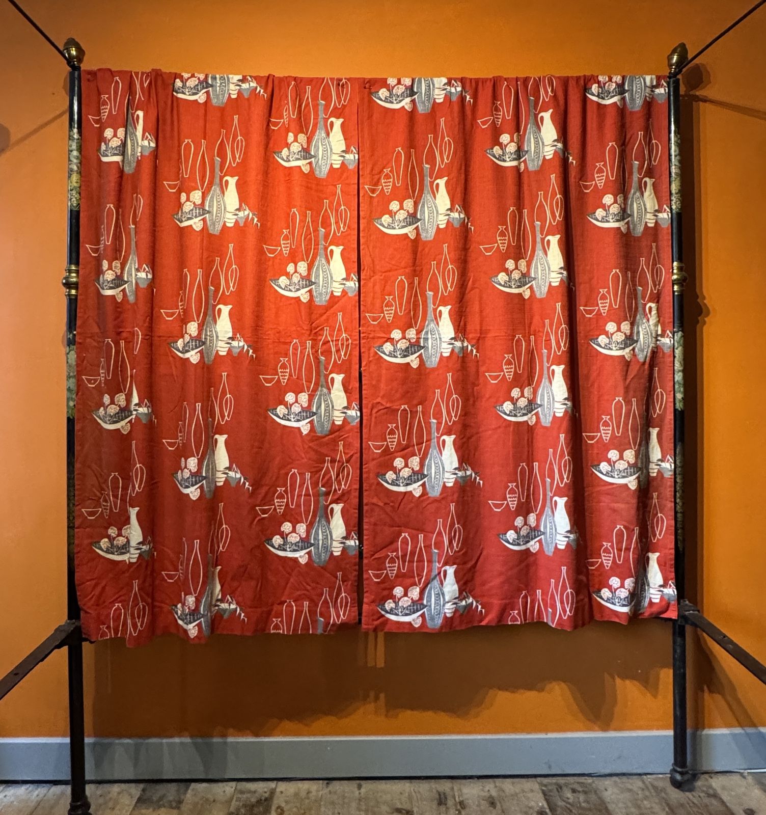 Pair Of Vintage 1950s Red Barkcloth Curtains