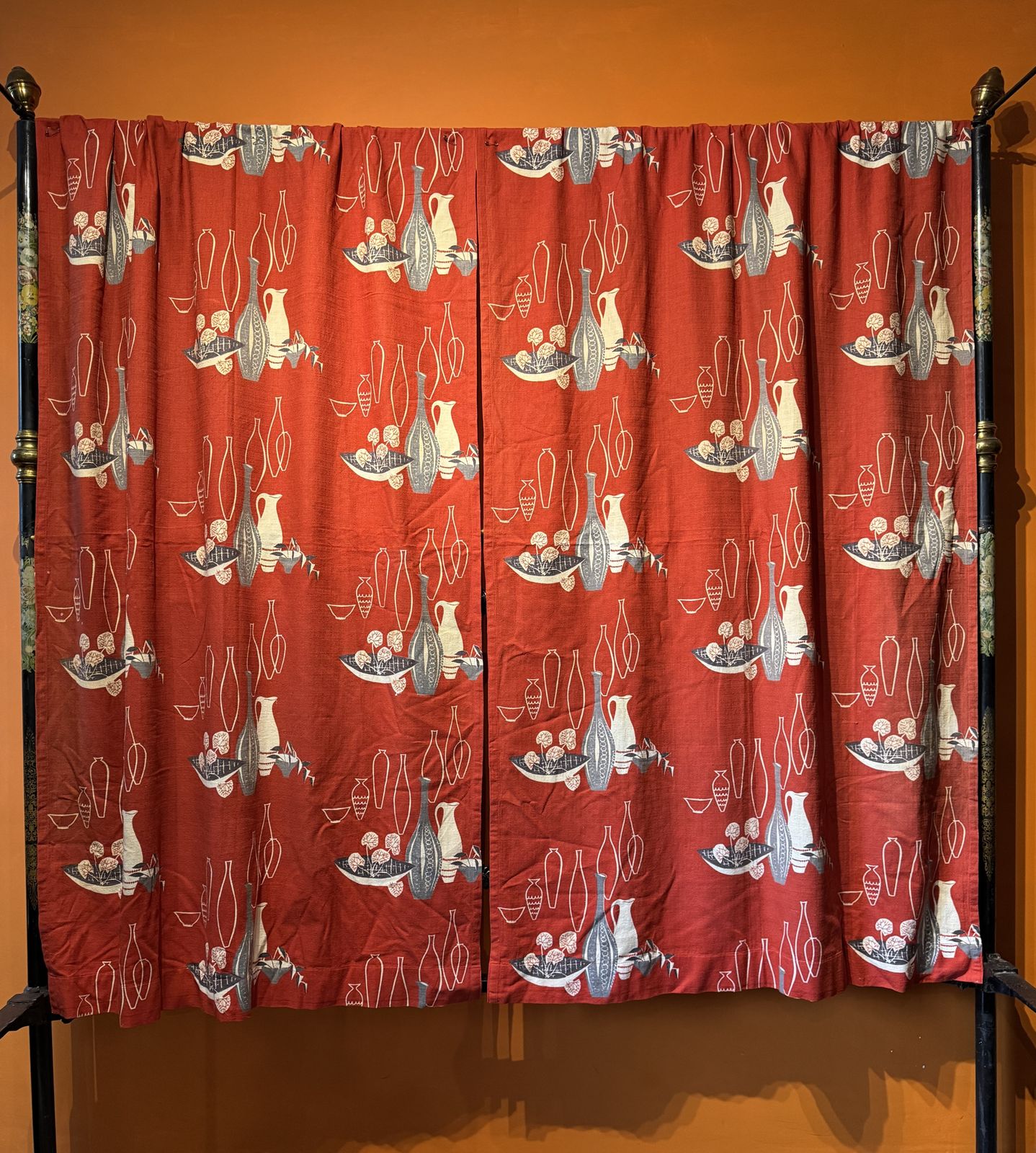 Pair Of Vintage 1950s Red Barkcloth Curtains photo Textiles