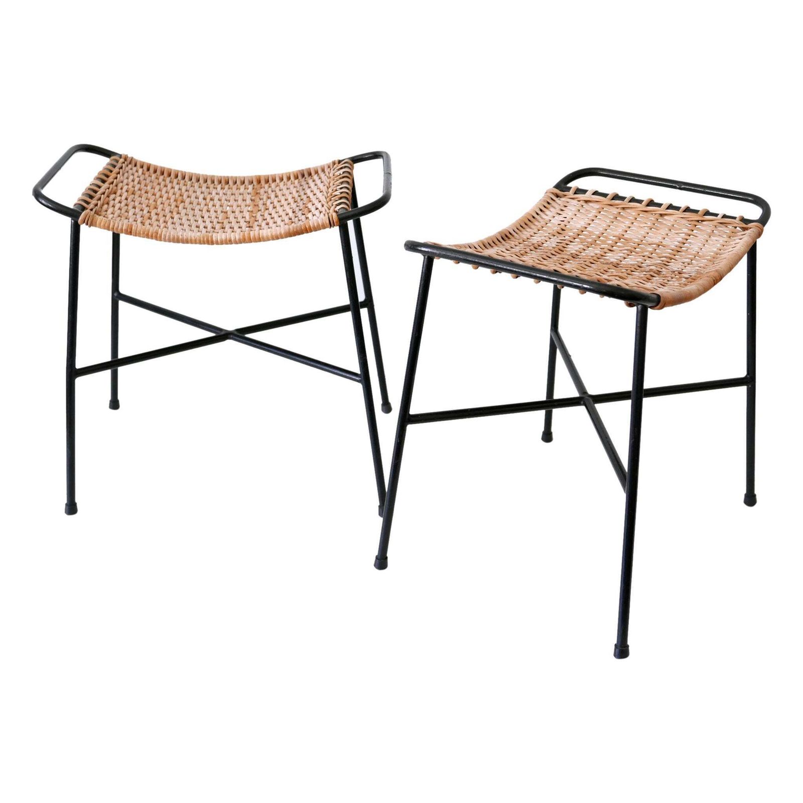 Set Of Two Lovely Mid Century Modern Rattan Stools Germany 1960s