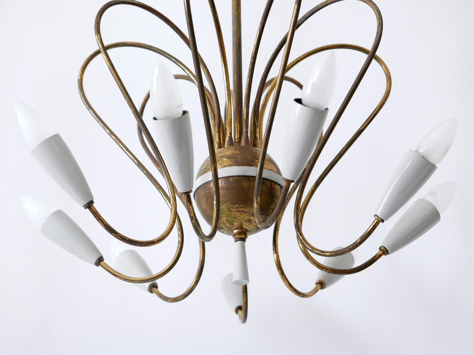 photo for sale Rare Mid Century Modern Nine Flamed Sputnik Chandelier Or Pendant Lamp, 1950s