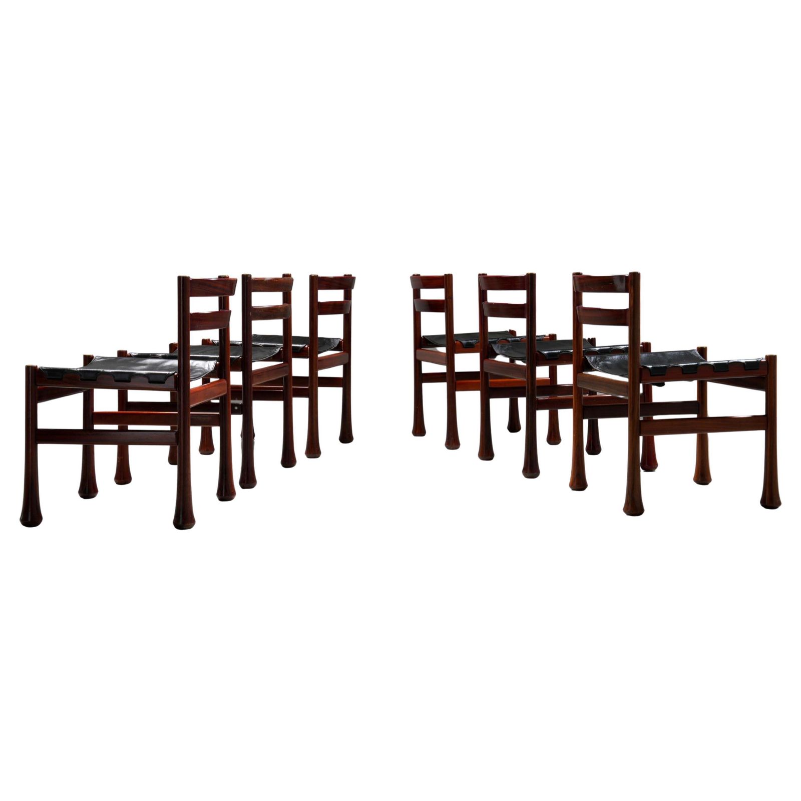 Set Of 6 Dining Chairs By Luciano Frigerio In Wood And Leather, Italy, 1970's