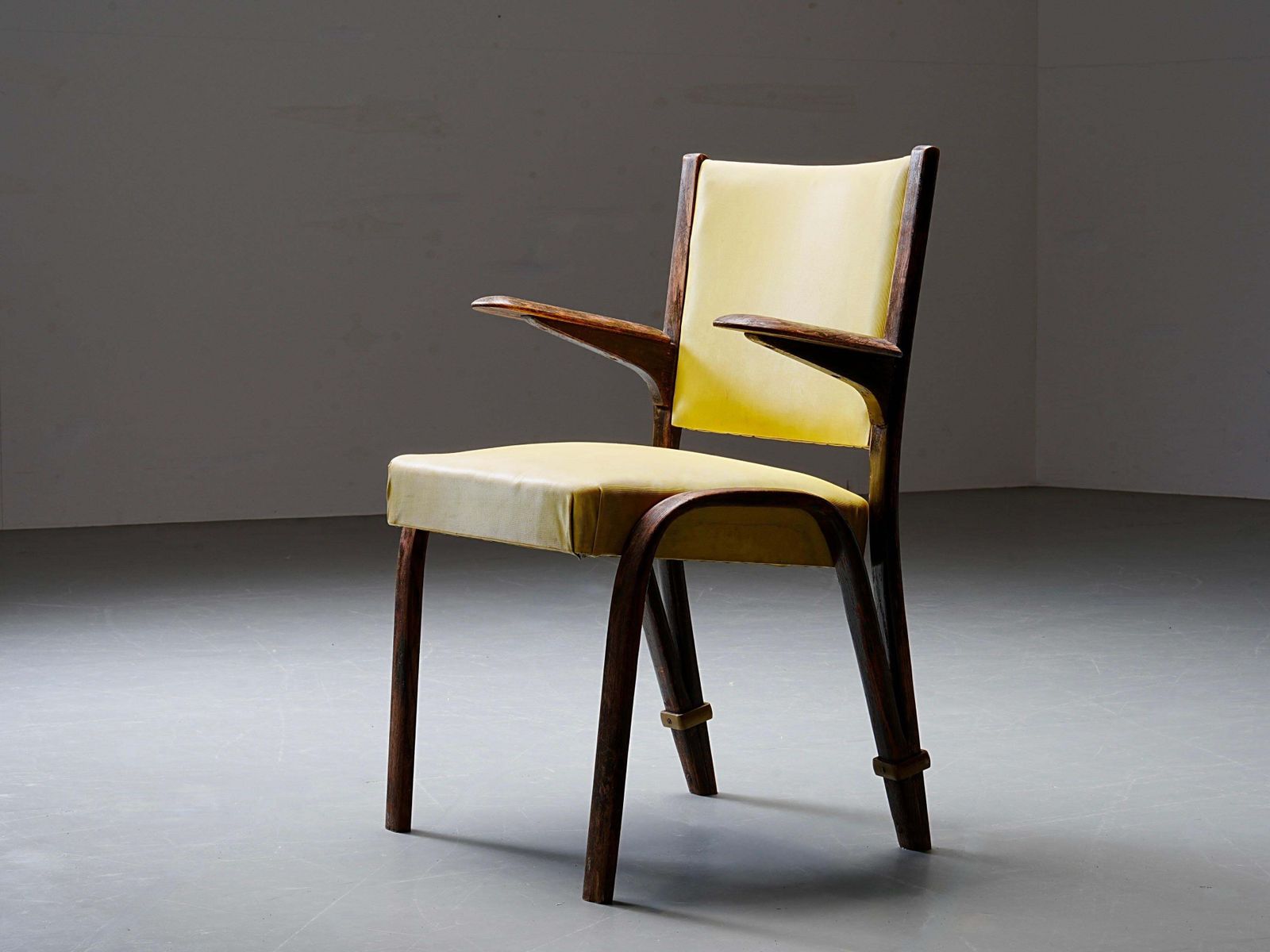 French Chair In Wood And Yellow Upholstery, France, 1950's photo vintage