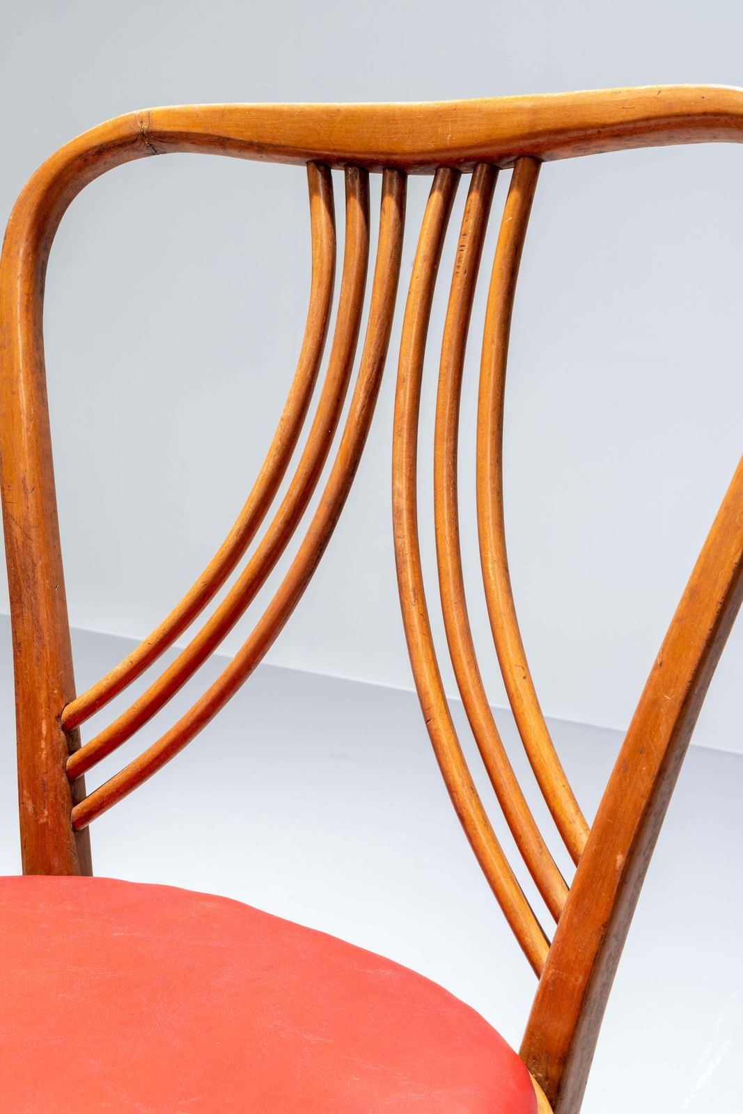 Set Of 4 Diningroom Chairs In Blond Wood And Red Faux Leather, Italy, 1950's photo vinterior
