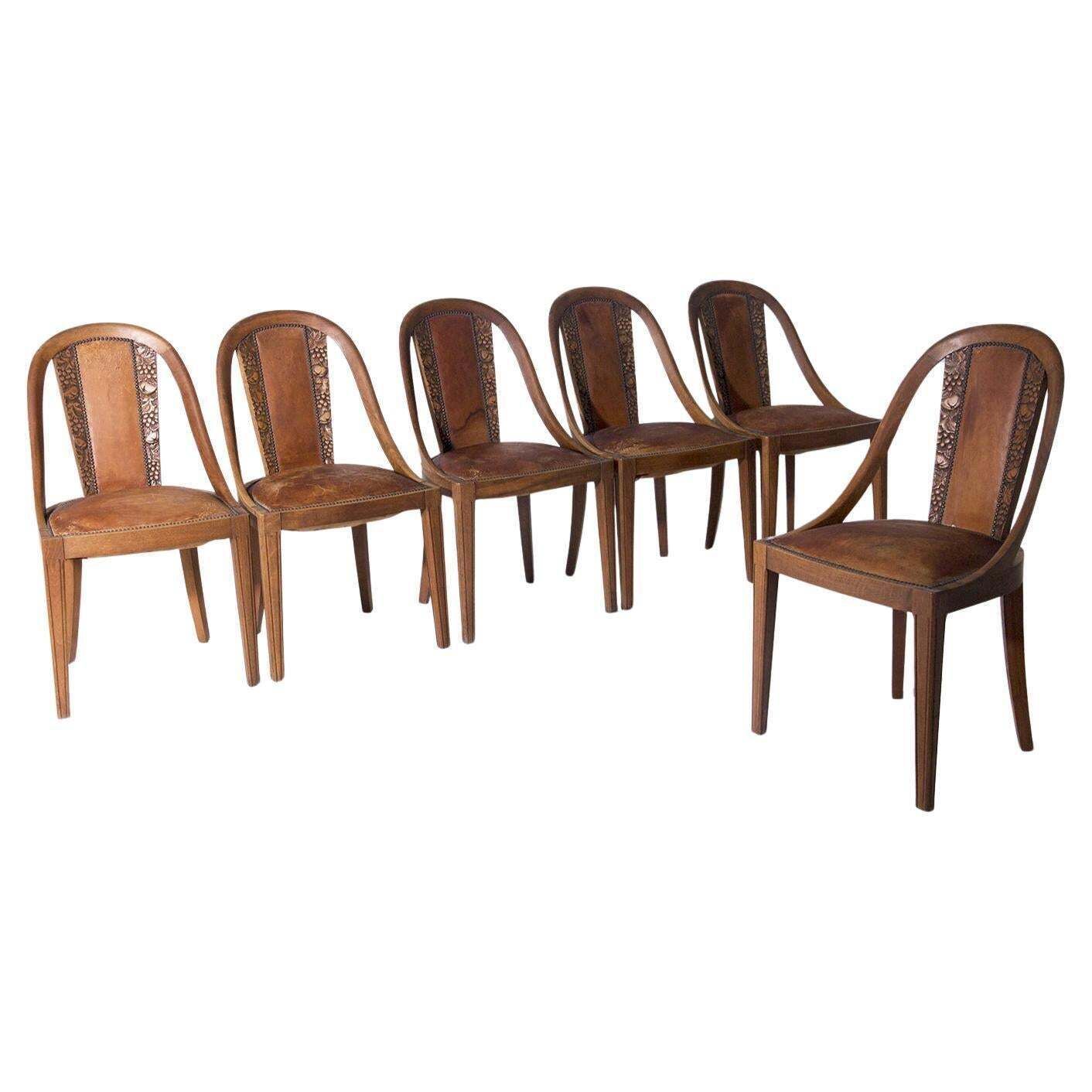 Set Of Six Art Nouveau Style Chairs With Grape Wood Inlays