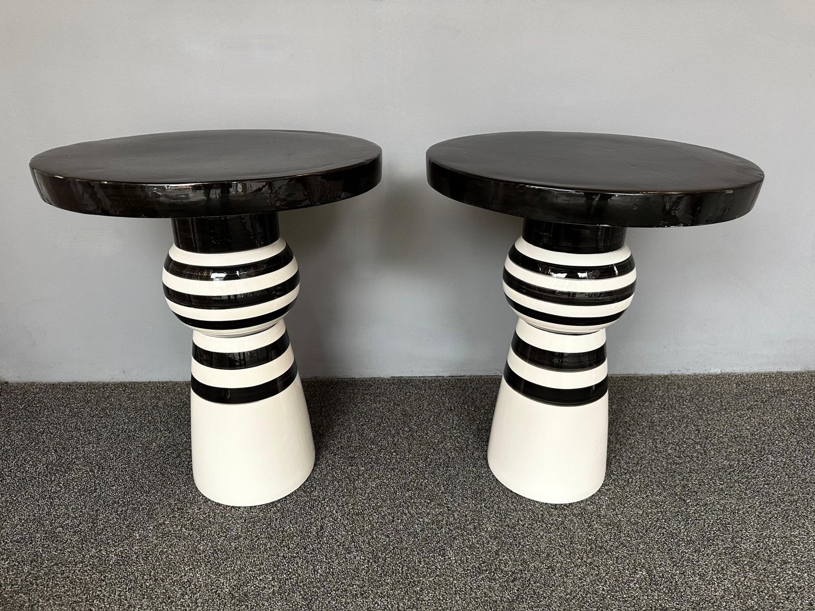Contemporary Pair Of Black And White Ceramic Stripe Side Tables. Italy photo for sale
