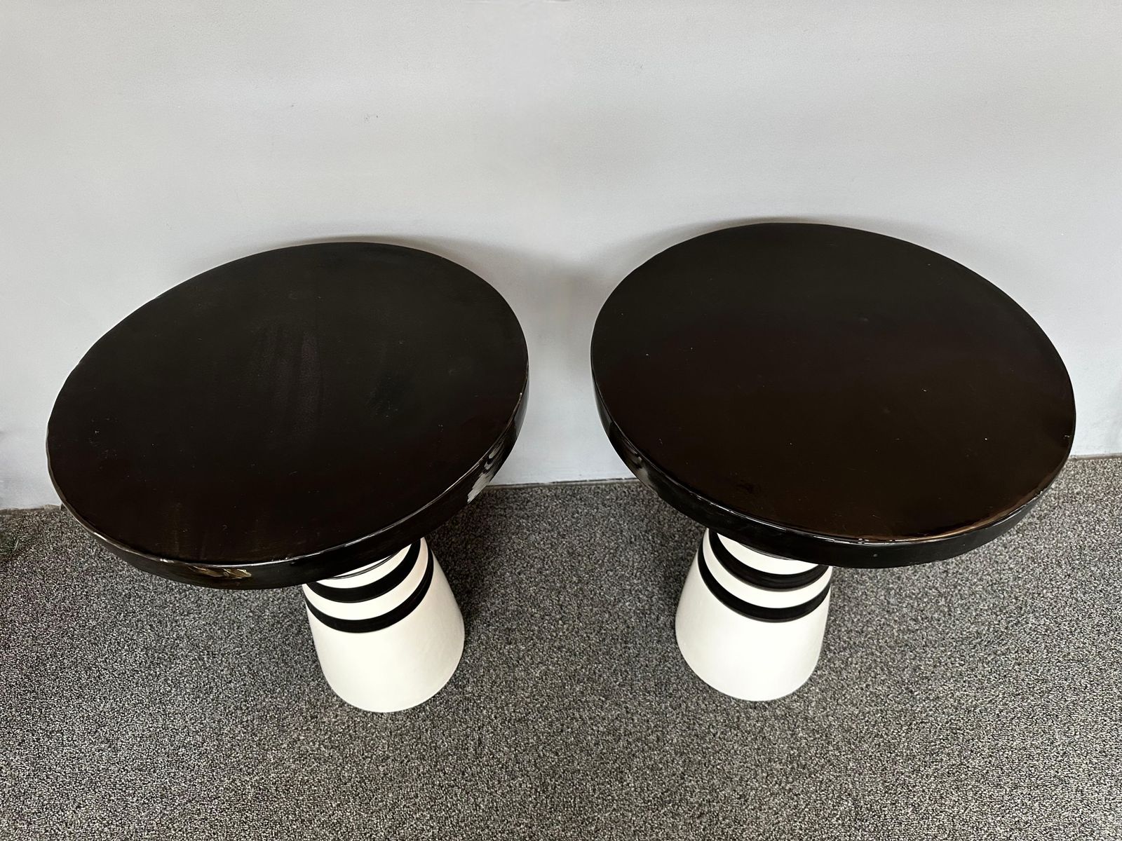 photo for sale Contemporary Pair Of Black And White Ceramic Stripe Side Tables. Italy