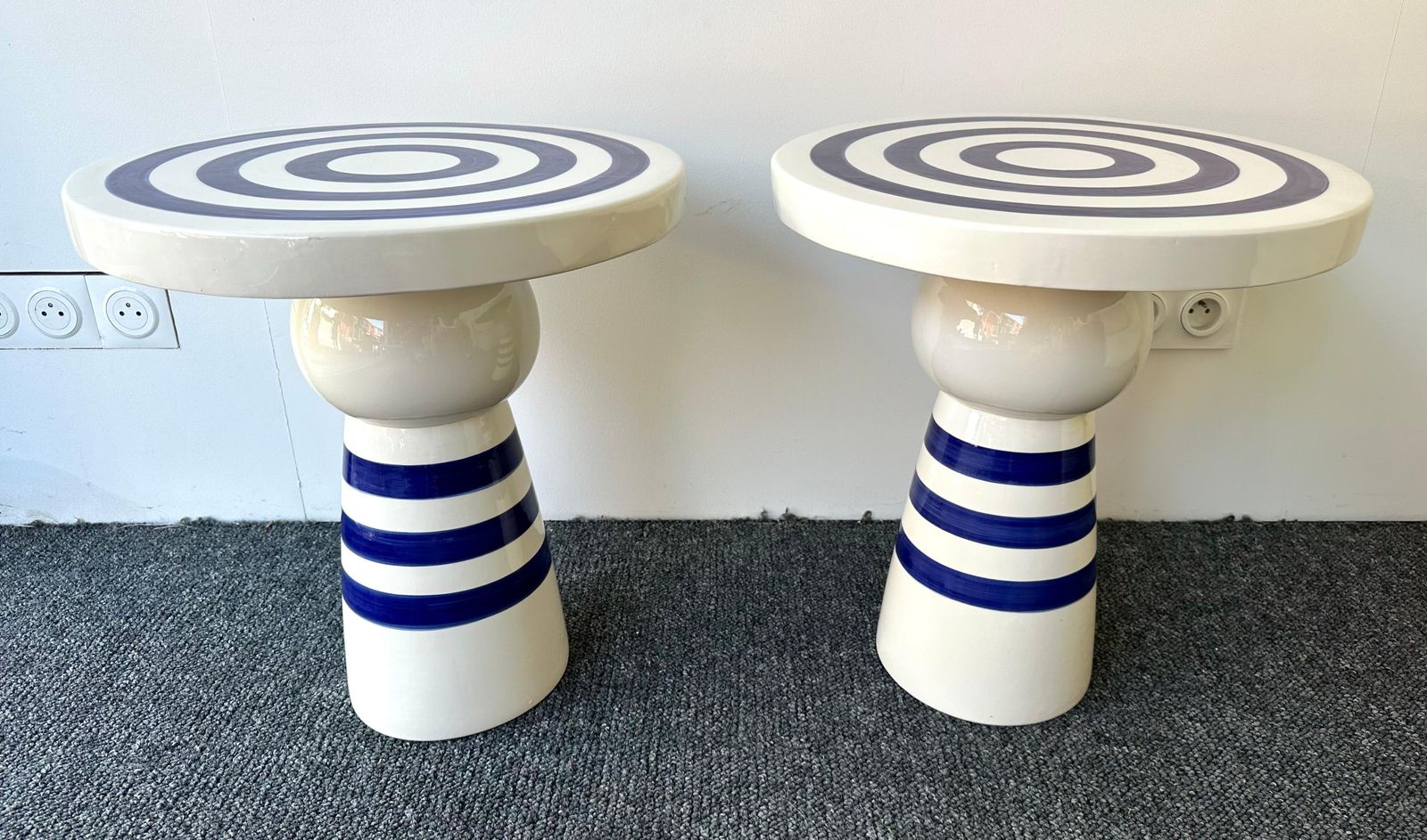 Contemporary Pair Of Blue And White Ceramic Stripe Side Tables. Italy photo for sale