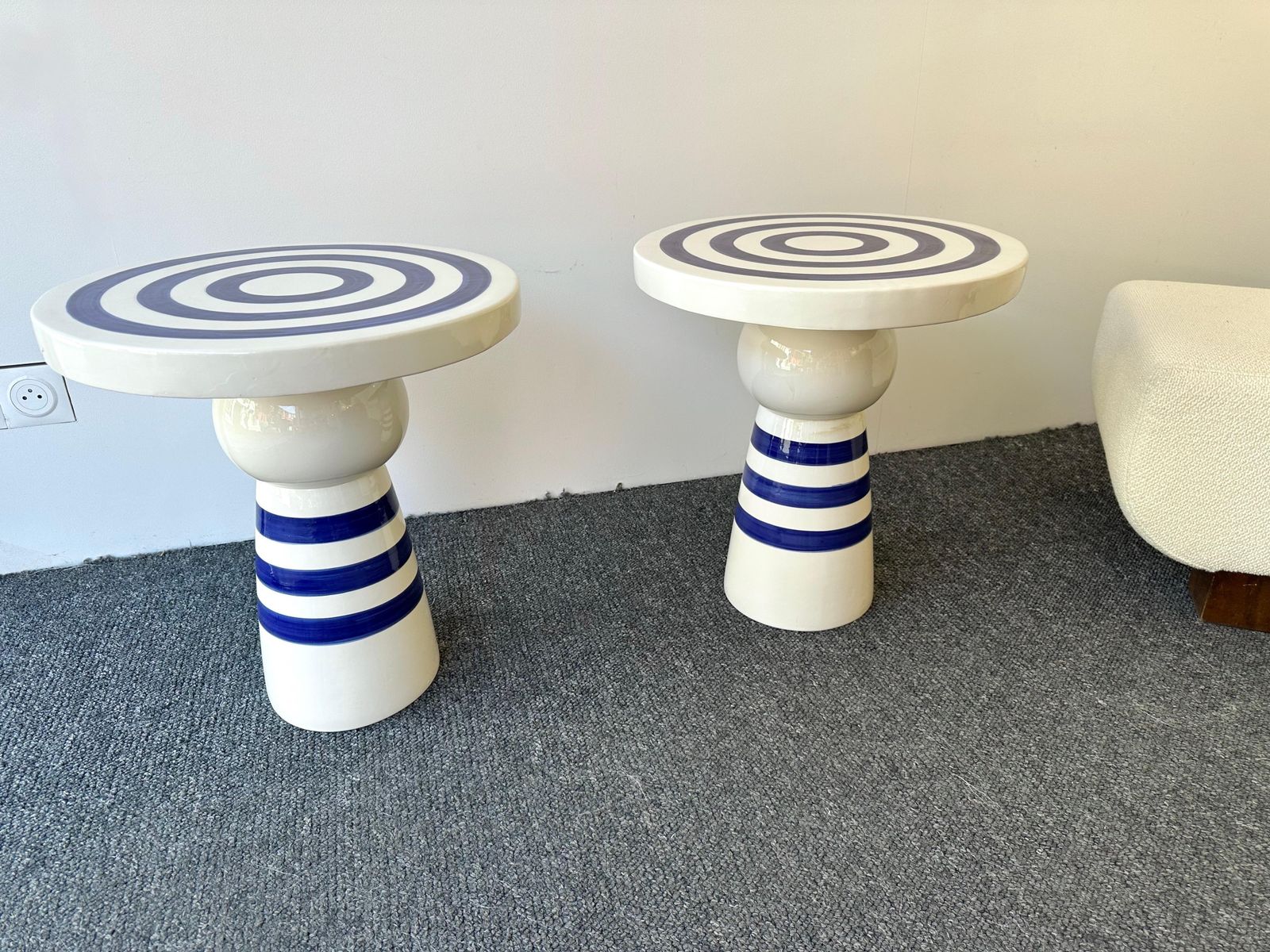 Furniture Contemporary Pair Of Blue And White Ceramic Stripe Side Tables. Italy photo