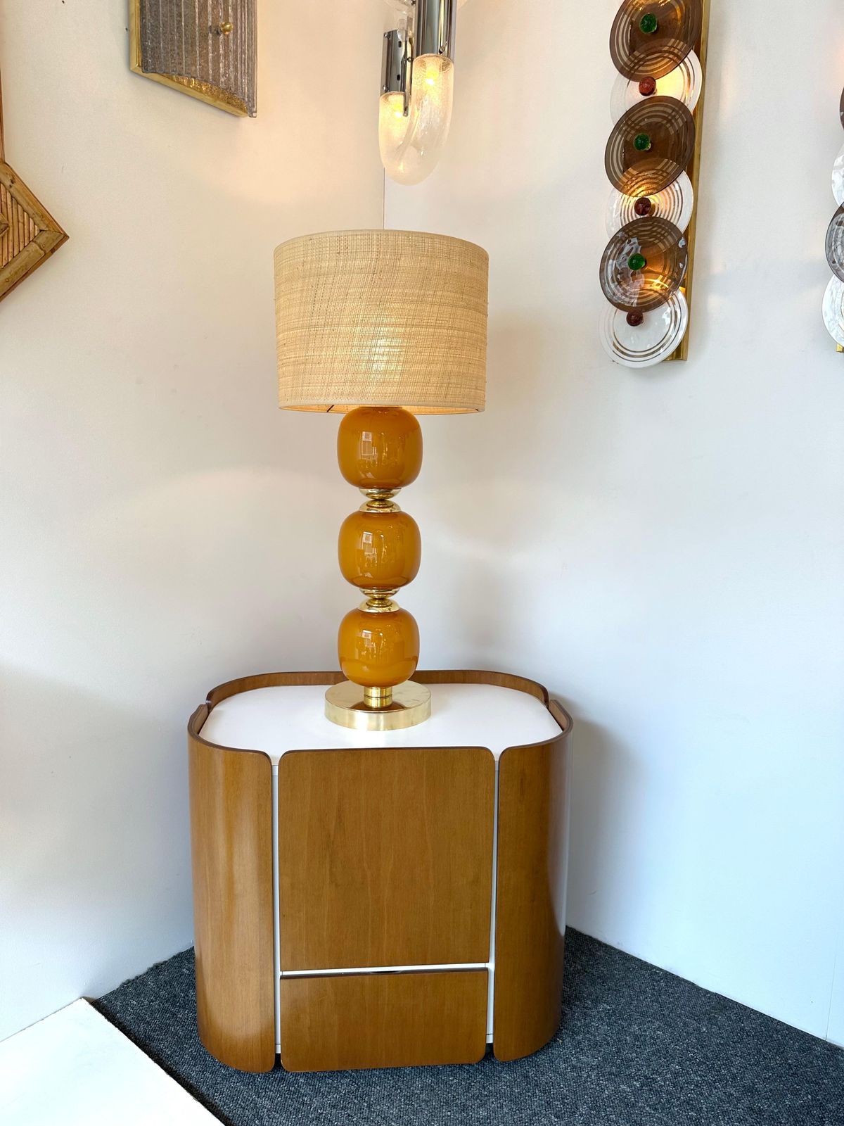 Contemporary Pair Of Brass And Orange Murano Glass Bulbs Lamps, Italy photo for sale