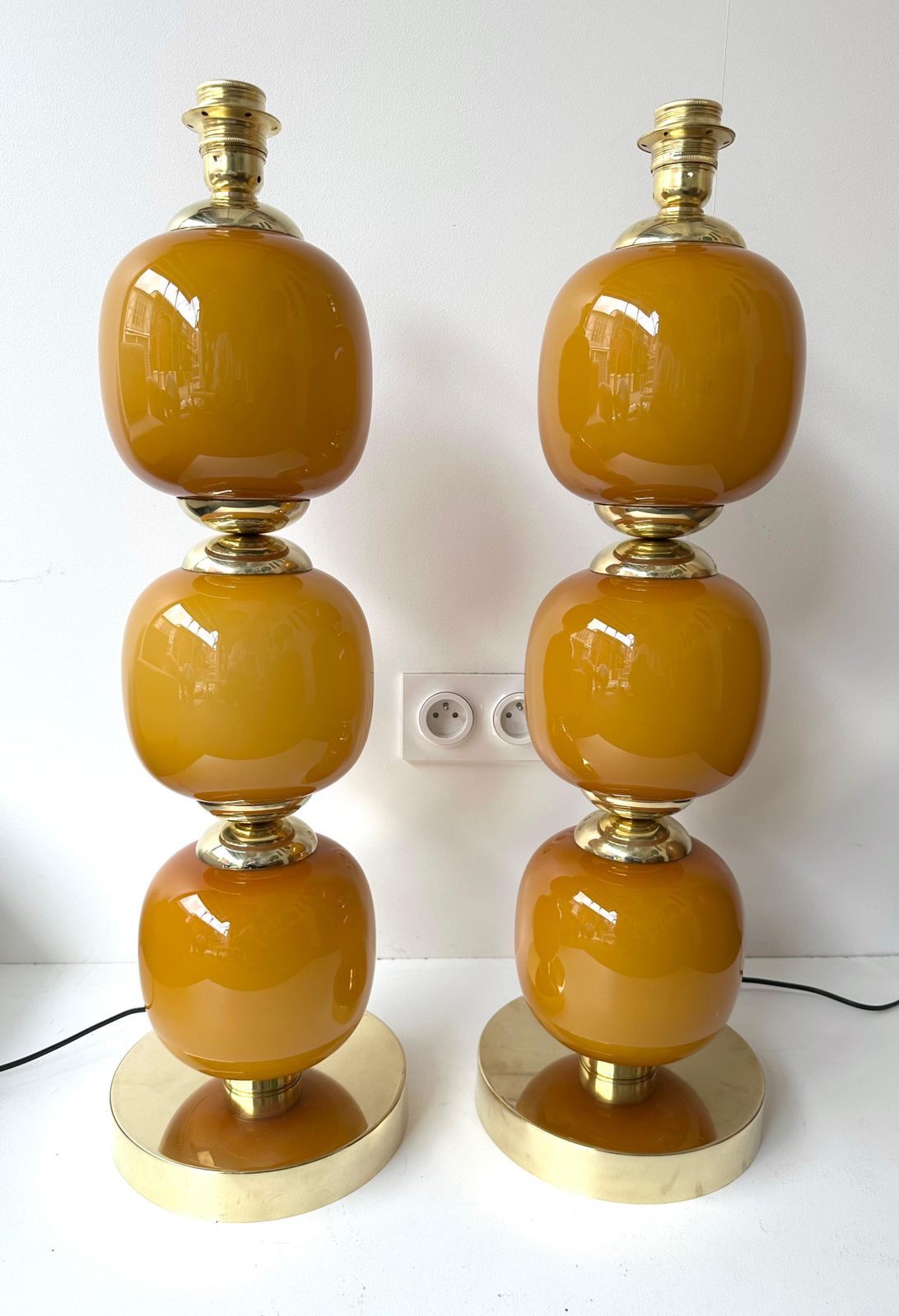 Contemporary Pair Of Brass And Orange Murano Glass Bulbs Lamps, Italy photo Lighting