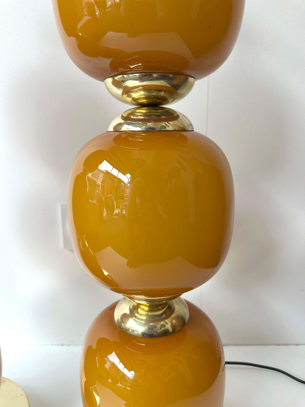Lighting Contemporary Pair Of Brass And Orange Murano Glass Bulbs Lamps, Italy photo